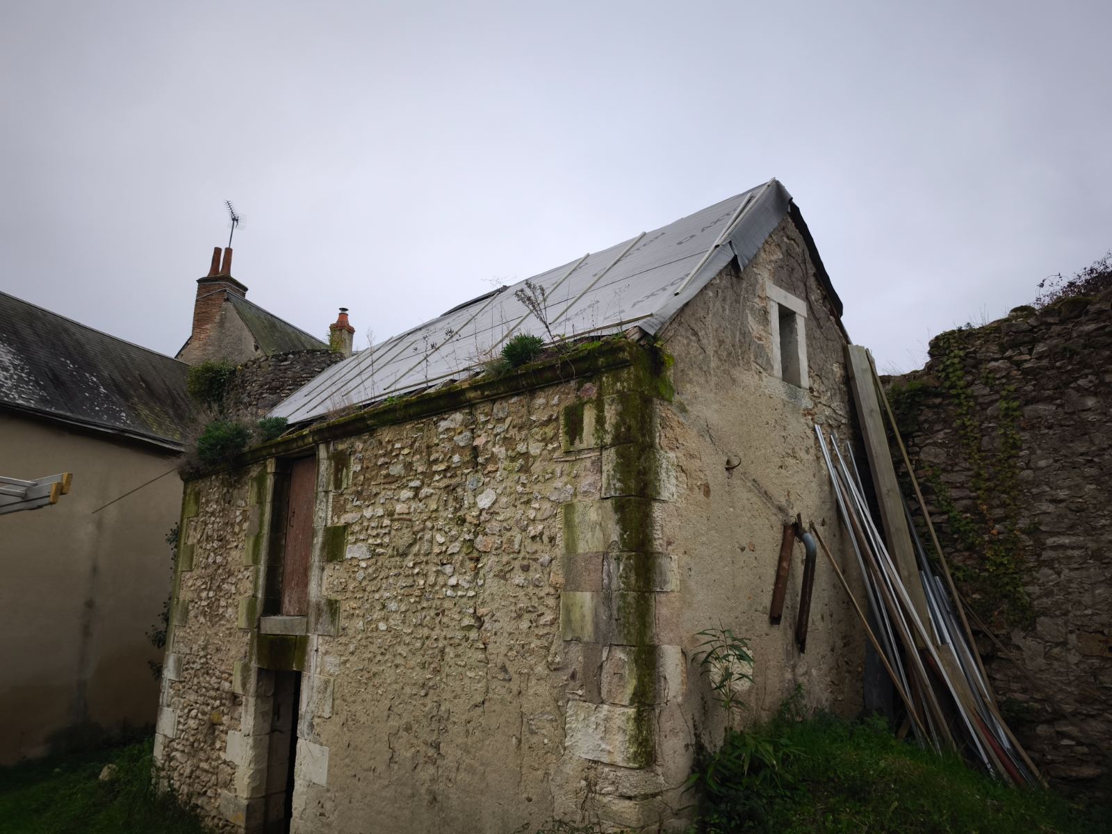Pignon en pierre et couverture ancienne envahie de végétation
